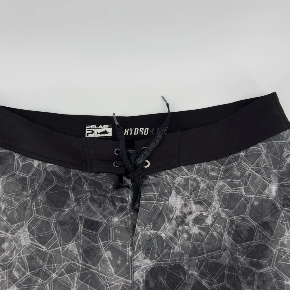 Pelagic Hydro Lite Pro Hex Boardshorts Black Gray Geometric Fishing Swim Trunks